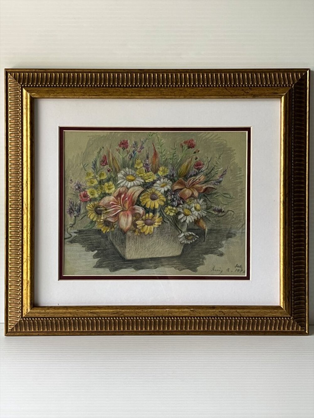 Vintage Original Colored Pencil Floral Still Life Drawing Signed Framed
